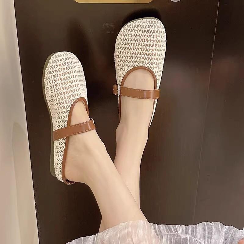 Baotou Ballerinas Damen Sommer Neu Runde Zehenpartie Leichtes Mesh Atmungsaktiv Farbblock Metall Slipper Weiche Slipper