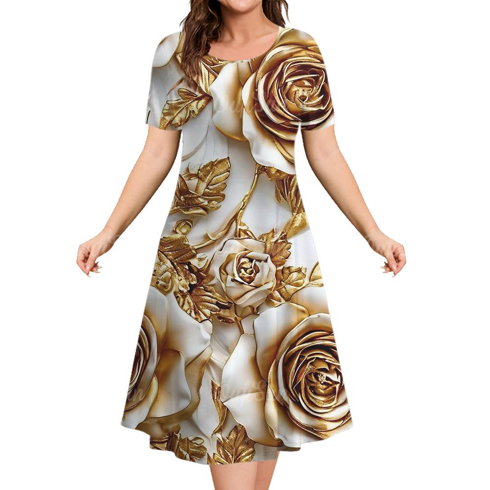 Women Summer Round Neck Short Sleeved Dress 3d Floral Pattern Casual Fashion Clothing Woman Party Elegant Long Skirt Pullover