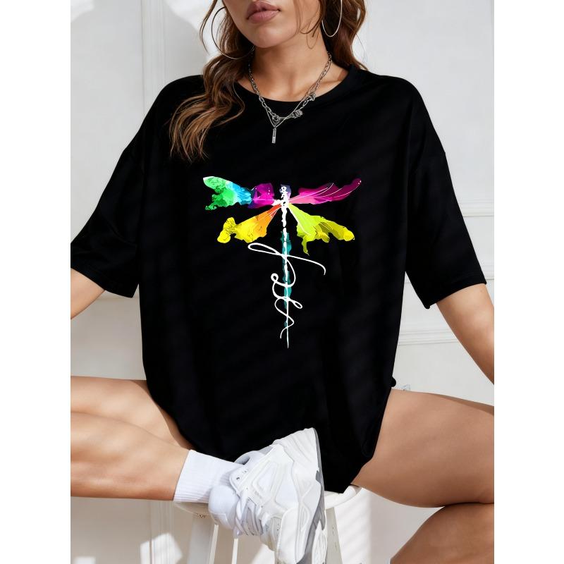 White Oversized T Shirt With Colorful Dragonfly Print For Casual Wear