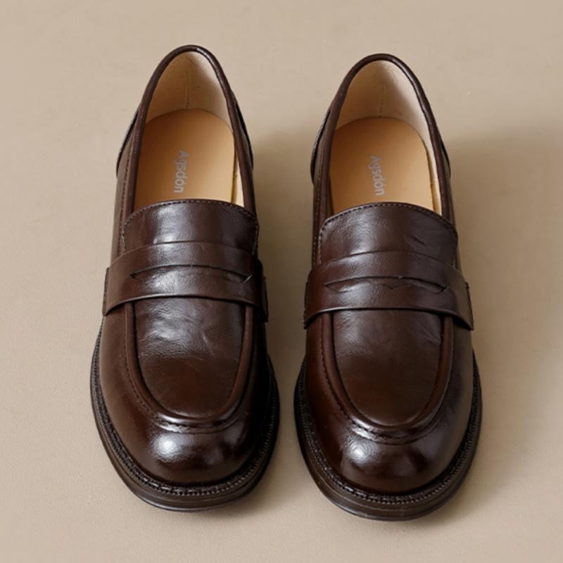 Laofers Shoes 2025 New Spring And Autumn Soft Leather Vintage British Style Women's Shoes Lazy Bottom Mid-heels Women Shoes