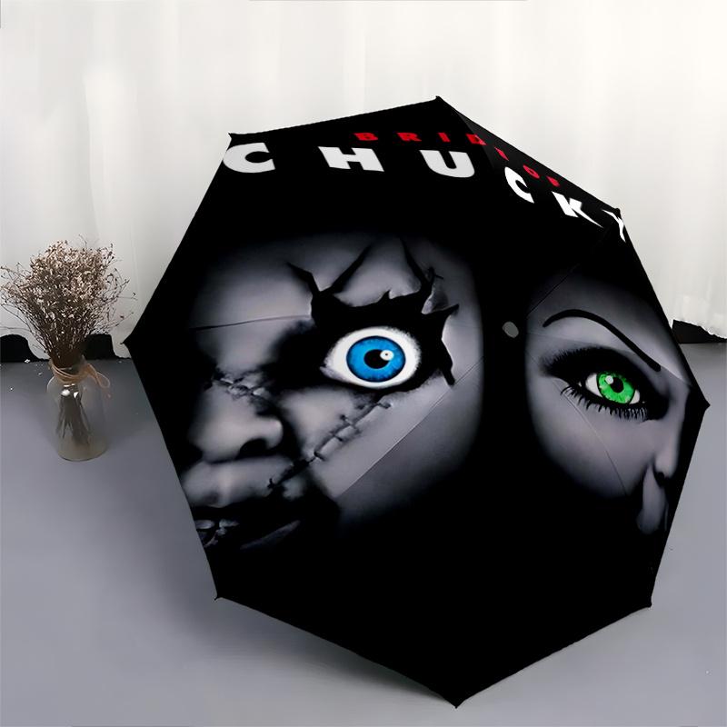 1pc Bride of Chucky Fashion Automatic 3-Fold Cartoon Umbrella Design, Cute Cartoon Pattern, Portable Outdoor Umbrella, Perfect, Holiday Gift for