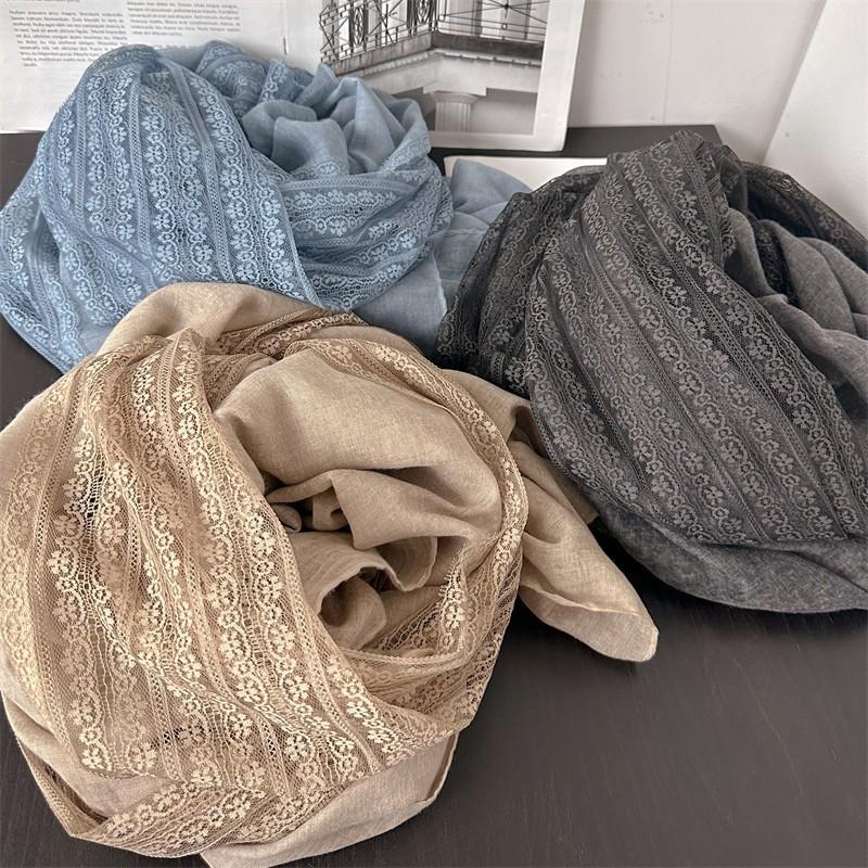 Lightweight Linen Blend Lace Scarf Women Bohemian Style Shawl In Beige Gray Blue 200x100cm Wrap