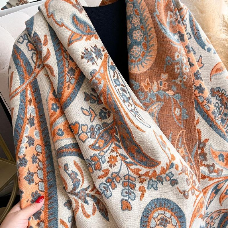 Ethnic Printed Faux Cashmere Scarf Winter Warm Thick Shawl For Women
