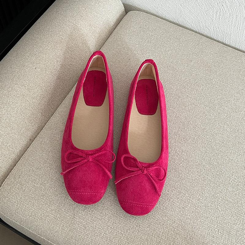 Fashion rose red bowtie flat shoes woman flock ballet flats  designer bow moccasins big size 35-42 slip on loafers zapatillas mujer