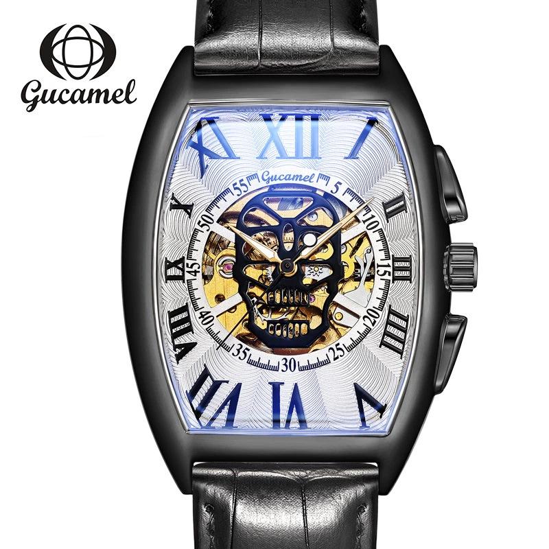 Top brand new wine barrel European and American men's fashion skull hollow automatic mechanical watch men's watch