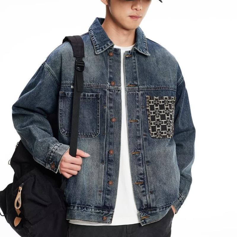 Men's Autumn Patchwork Denim Jacket: Precision Embroidery, Loose Fit, Plus Size Workwear Design.