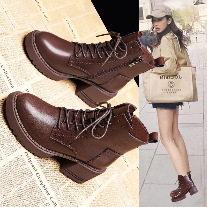 Leather Platform Martin Women's New British Style Women's High-heeled Thick-heeled Short Spring and Autumn Single Winter Velvet