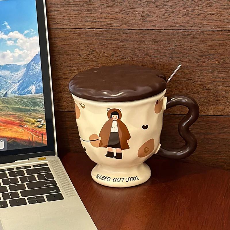 Vintage Girl Ceramic Coffee Cup with Cover Spoon Goblet Water Cup High Footed Breakfast Cups Milk Tea Cups Milk Mug Juice Mug