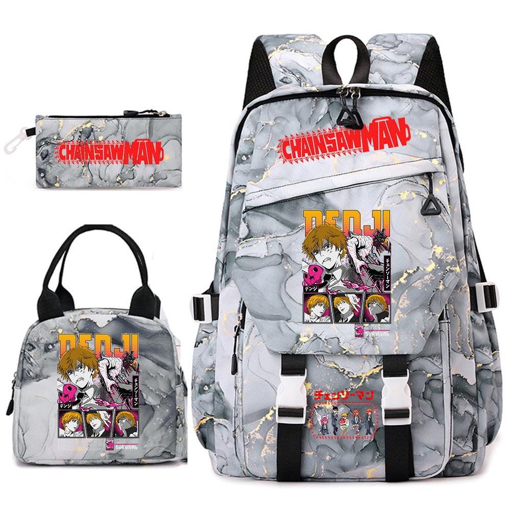 Chainsaw Man Anime Print Student Backpack Set for Girls with Lunch Bag Pencil Case School Daily Use