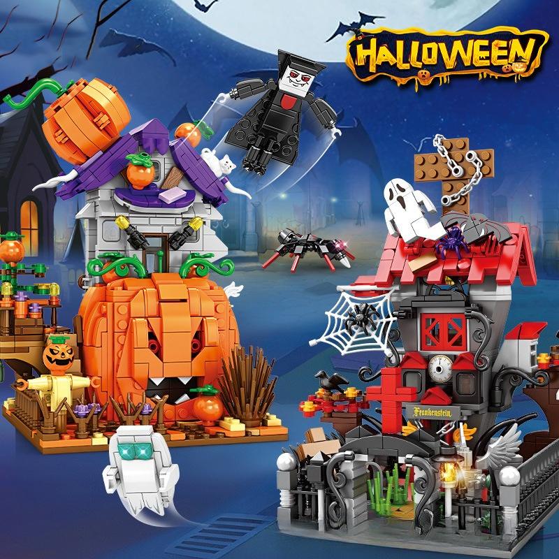 Halloween Gifts Small Particle Building Blocks, Pumpkin Houses Ghost Houses, Scene Building Blocks, Children's Intelligence Development, Assembly Toys