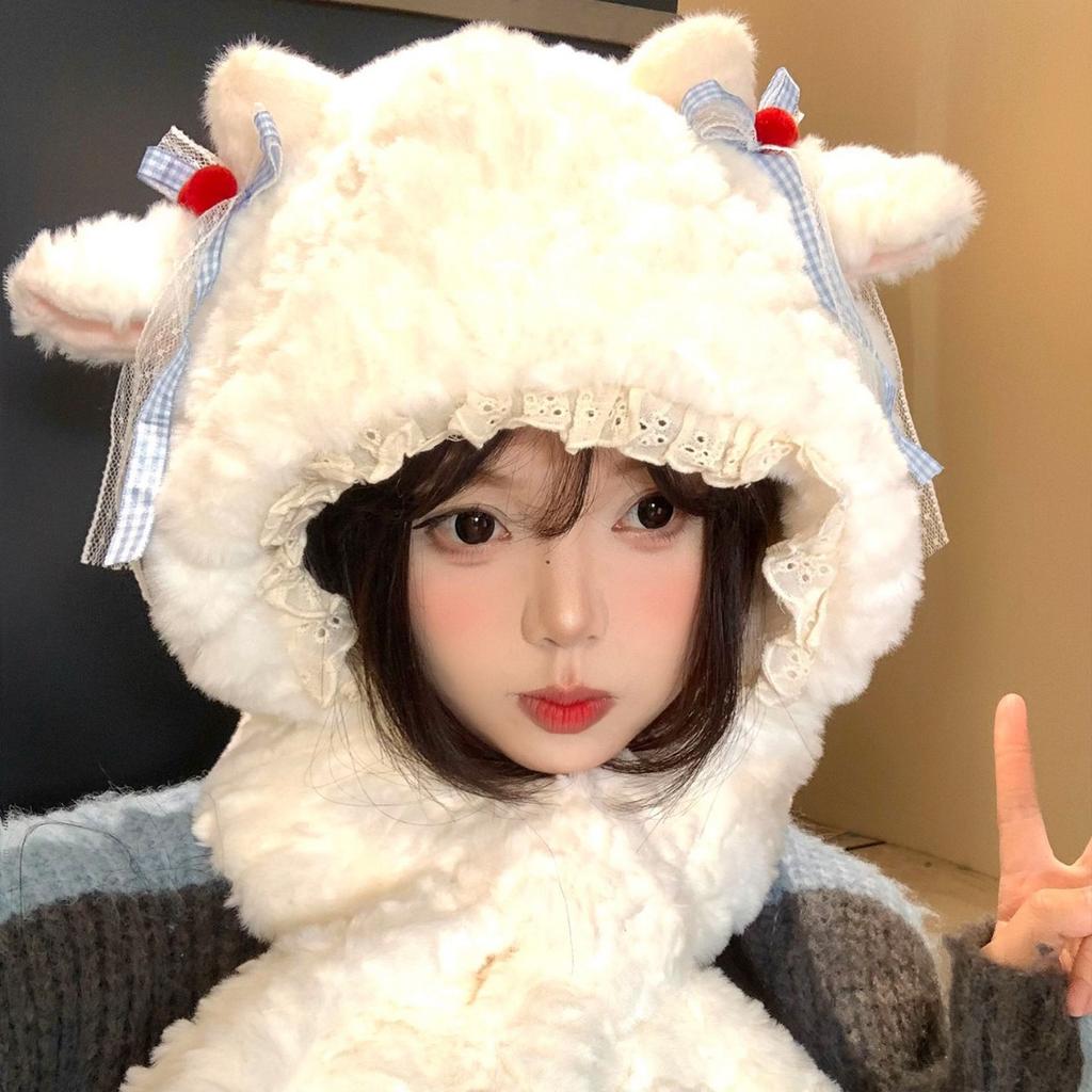 2025 sweet and cute little cashmere hat and scarf integrated women's winter velvet thickened warm and cold ear protection