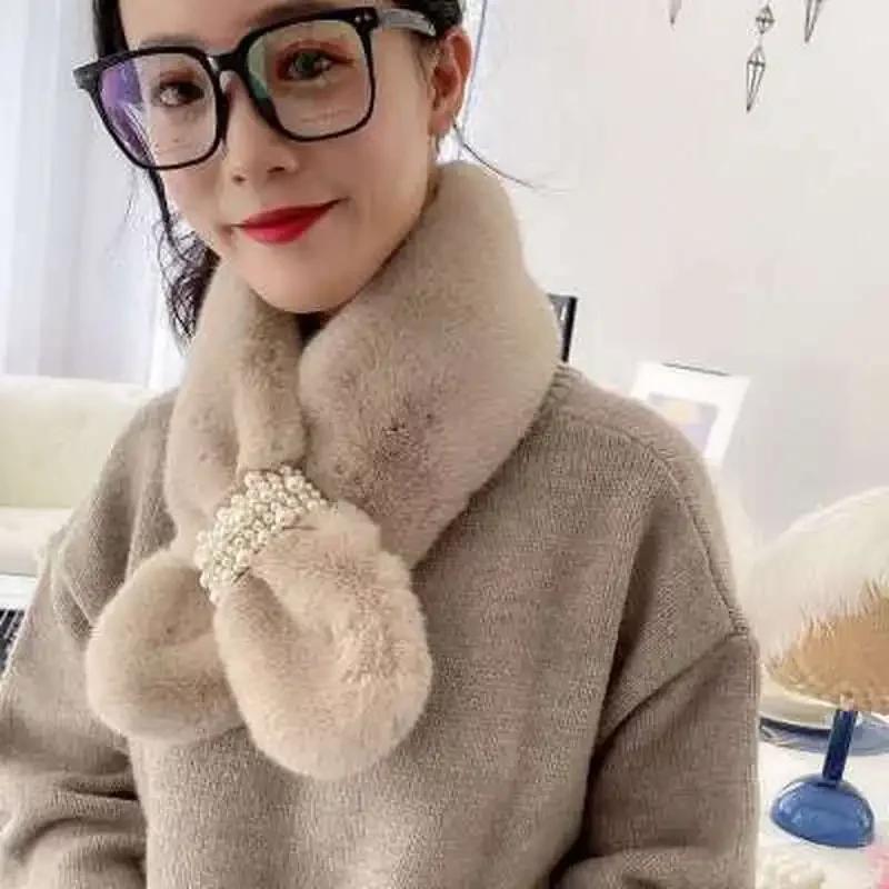 

New Womens Winter Scarf Artificial Plush Pearl Thick Warm Cross Three-dimensional Hat Female хакі