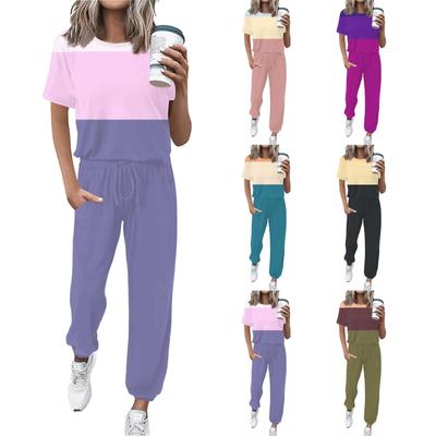 Women's Jogging Fashion Round Neck Short Sleeve Belt Loose Pants Tracksuit