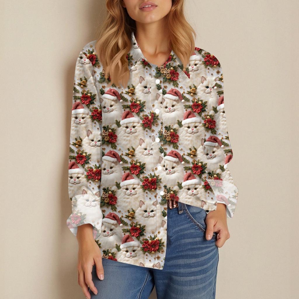 Women's Shirt Blouse Christmas Print Button Long Sleeve Casual Basic Shirt Collar Regular Top