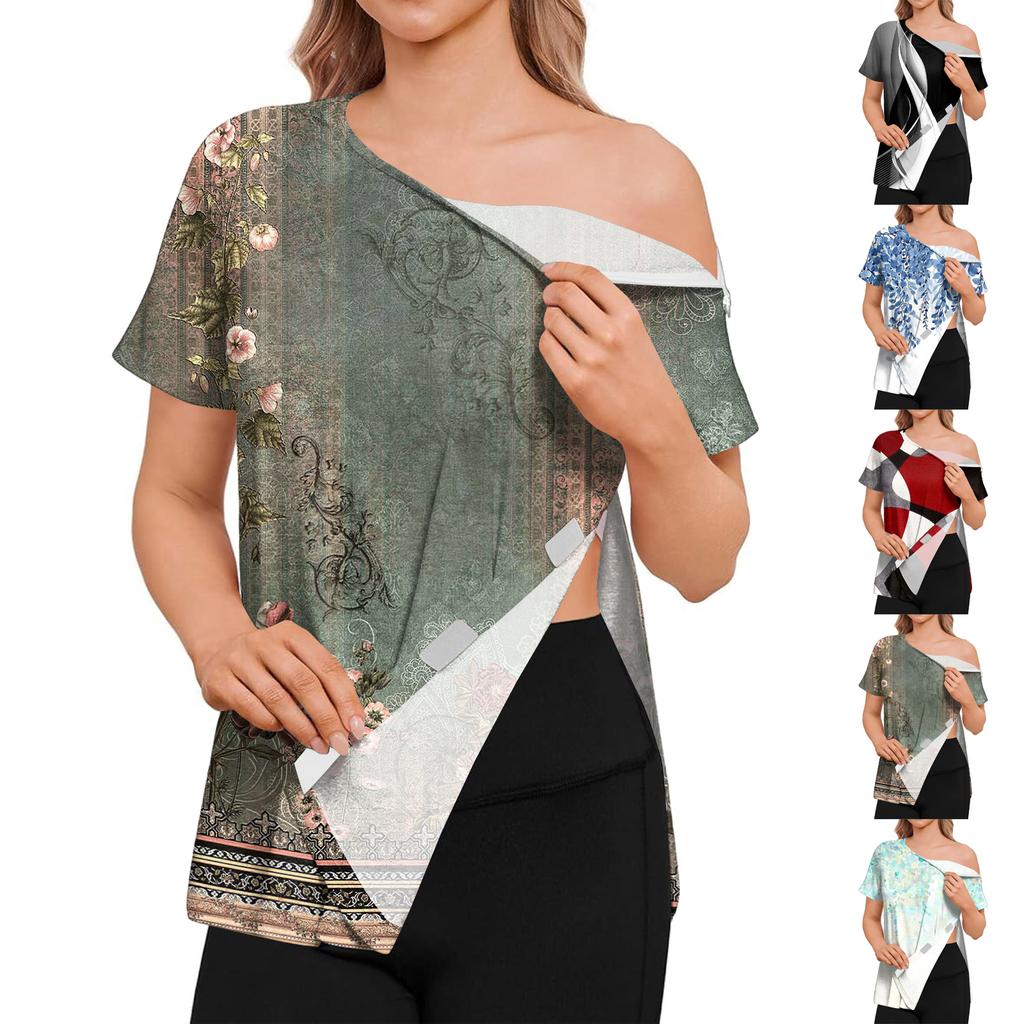 Post Surgery Women Short Sleeve Shirt Floral Print Zipper Shoulder Side Velcro Closure Comfortable Recovery Top for Medical Use