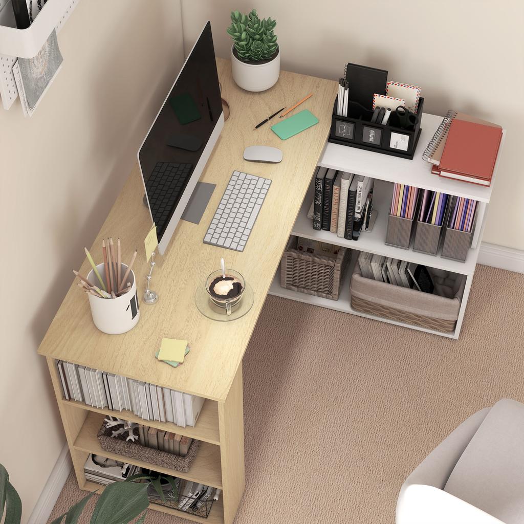 Eck-Computertisch, L-förmiger Schreibtisch mit 360 Grad drehbarem Bücherregal, 120L x 110B x 74,5H cm, Natur und Weiß