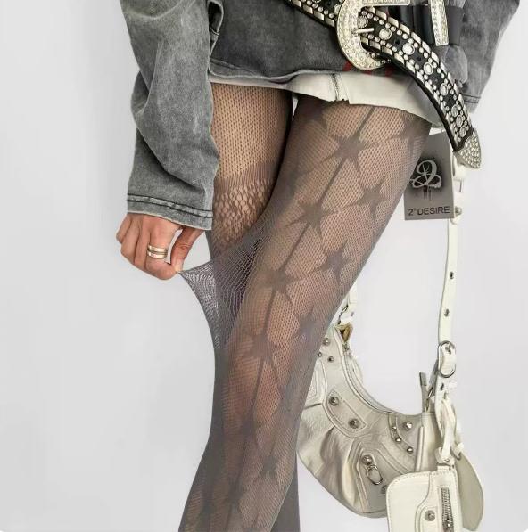 High Street New Designer Socks Punk Gothic Nylon Sexy Fishnet Stockings Mesh Hollowed Out Tights Women Ab-Style Stars Pantyhose One Size