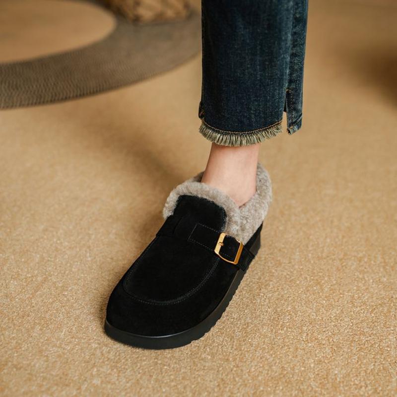 Fashion NEW Winter Women Pumps Round Toe Flat Heel Shoes Cow Suede Leather Shoes Women Slip-on Belt Buckle Shoes Warm Wool Women Loafers
