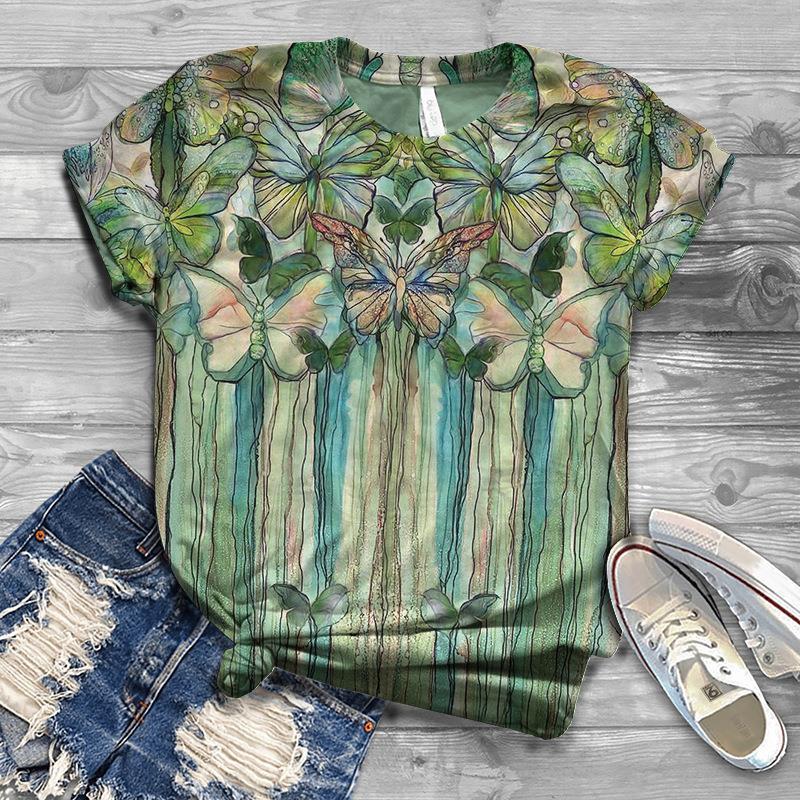 Summer Top Butterfly Series 3D Digital Printed Sports and Leisure Loose Women's Short Sleeved T-shirt