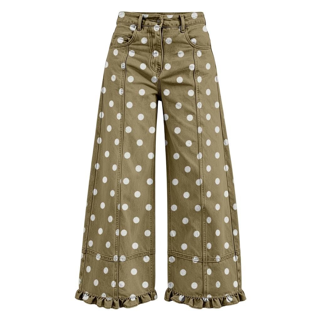 Women's Loose Fit Wide Leg Jeans Polka Dot Patchwork Distressed Denim