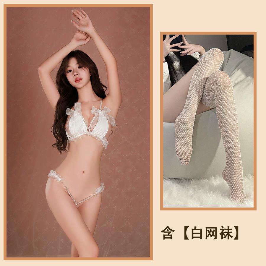 Sexy prádlo Dámské Yin Sm Sexy Perlová masáž Otevřený rozkrok Volné Horké T kalhotky Průhledné pokušení