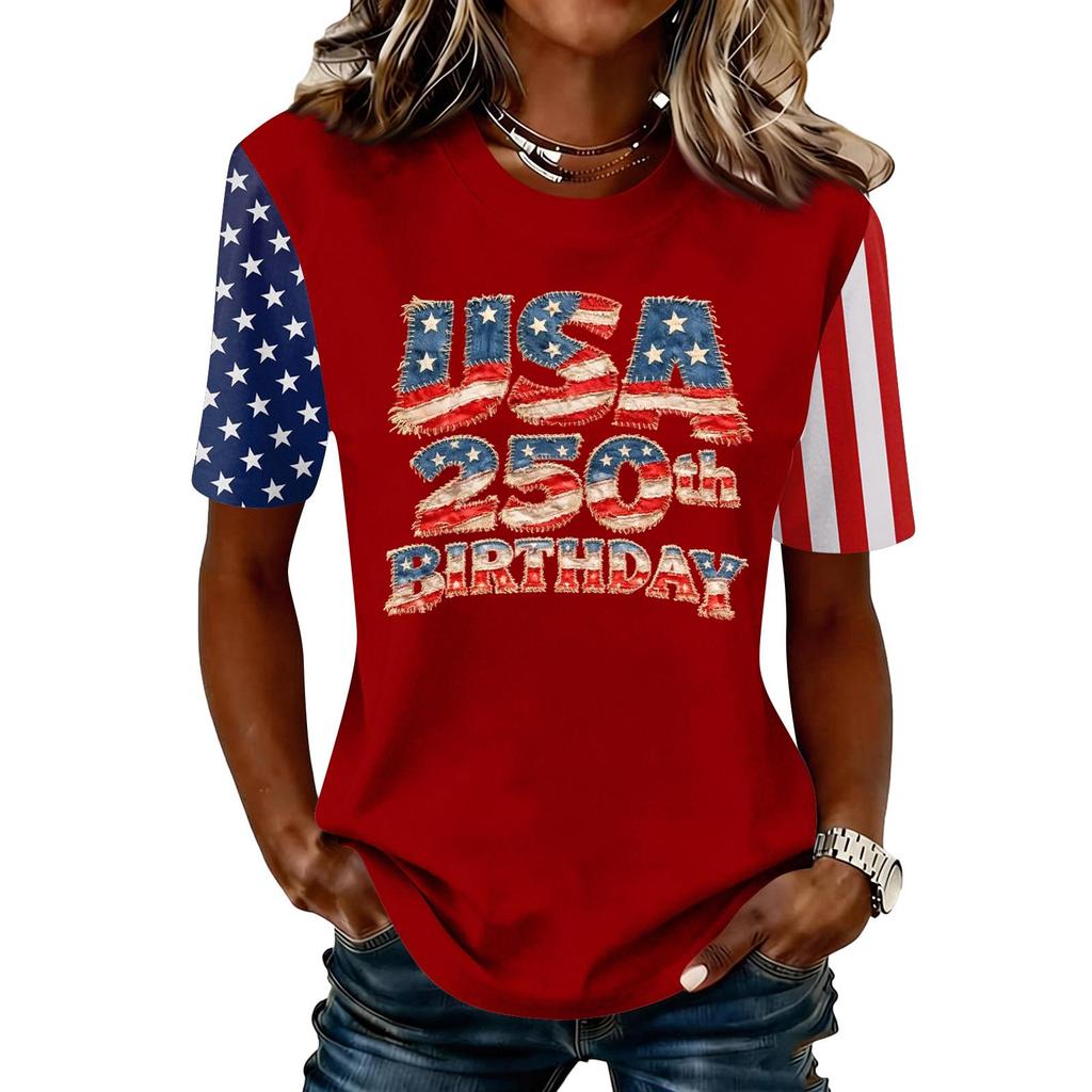 Blusa Feminina da Moda Casual de Manga Curta com Estampa e Gola Redonda