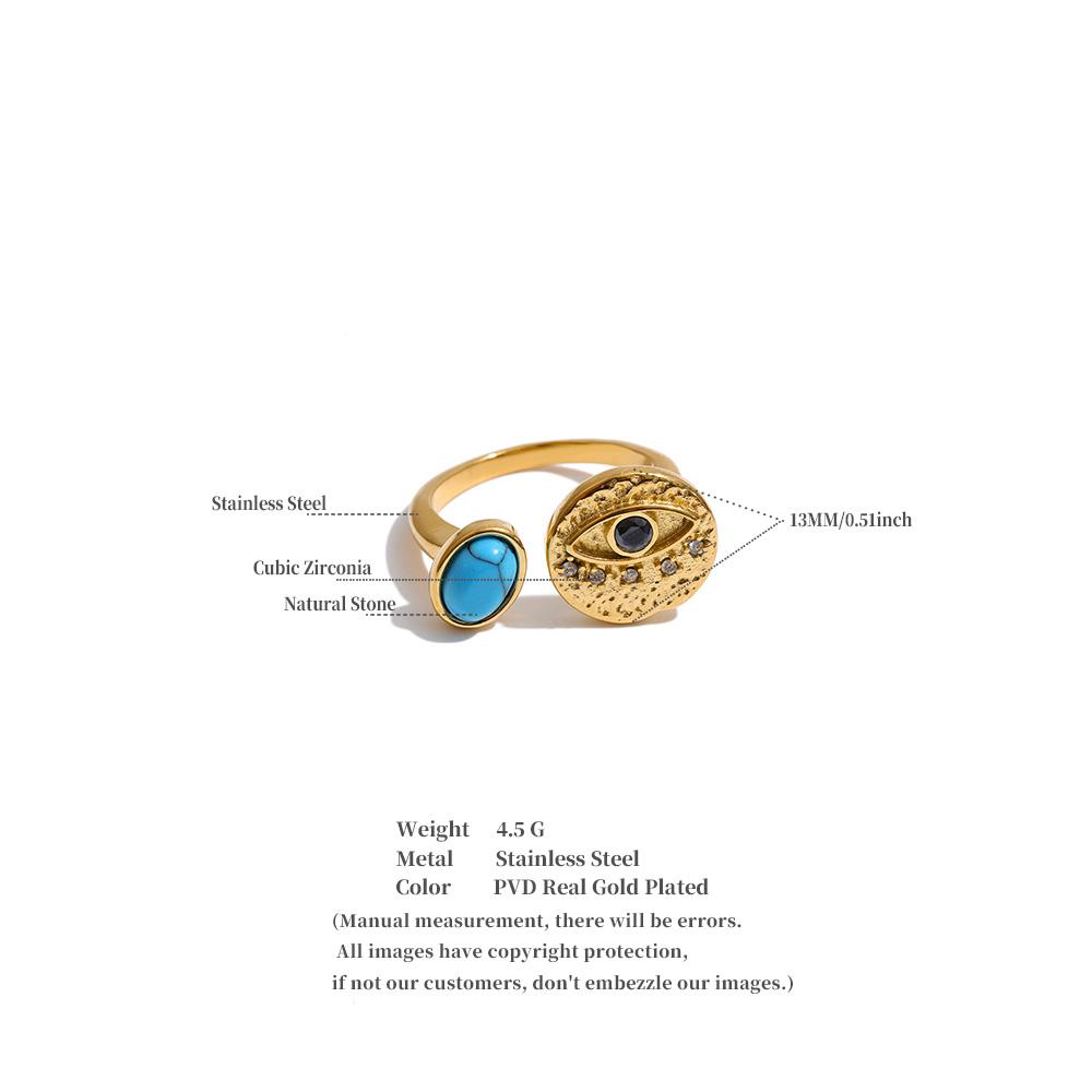 Yhpup 2026 New Arrivals Turquoise Zircon Eye Adjustable Ring PVD Plated Stainless Steel Vintage Stylish Unique Daily Jewelry