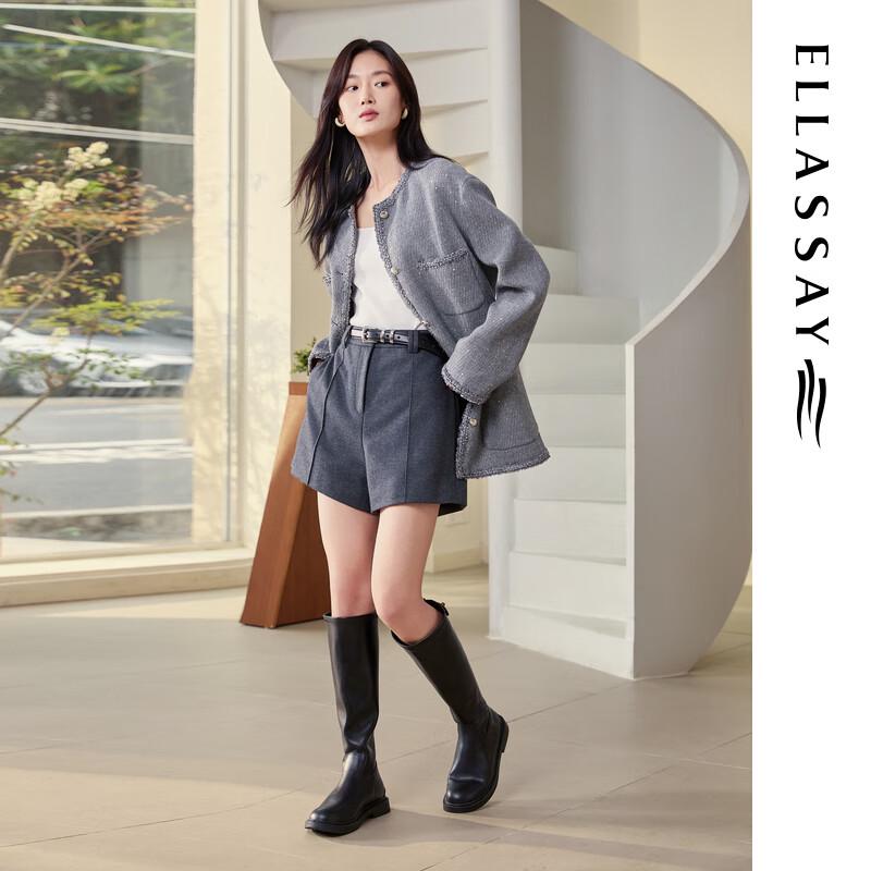 ELLASSAY 2025 Autumn French Style Lamb Wool Tweed Round Neck Coat