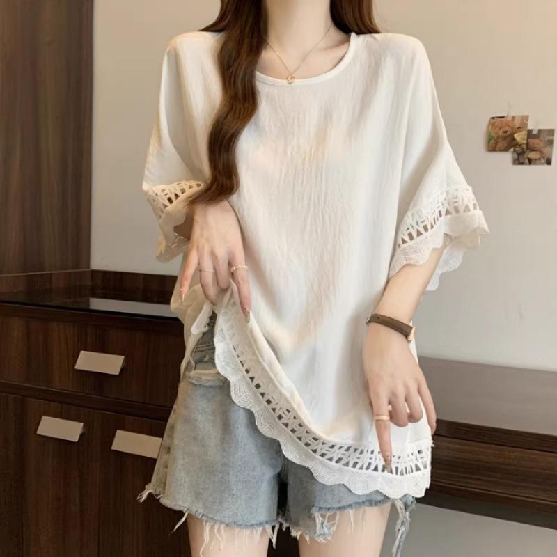 Women's Summer Short Sleeve Lace Hollow T-Shirt Design Casual Loose Top