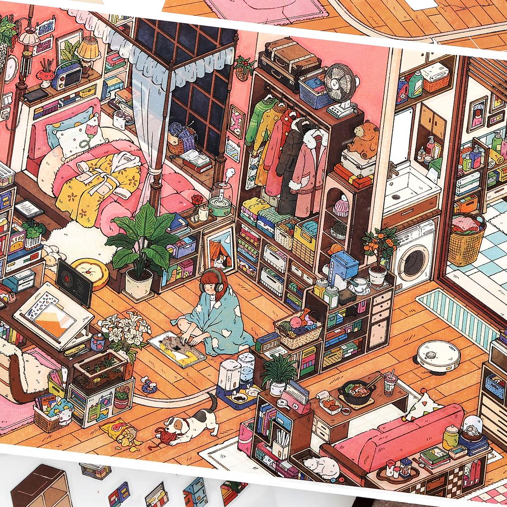 Kawaii Stay-at-Home Diary 3D Family Gathering Landscape Sticker DIY Pocket Cabin Scene Festival Gift