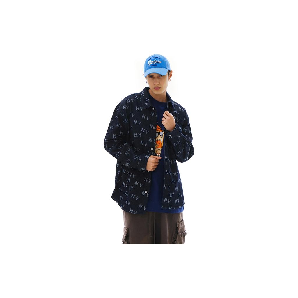 MLB New York Yankees SS24 Letter Print Loose Casual Denim Long Sleeve Shirt Unisex Shirts Deep-Navy-Blue 3ADRM0141-50NYD