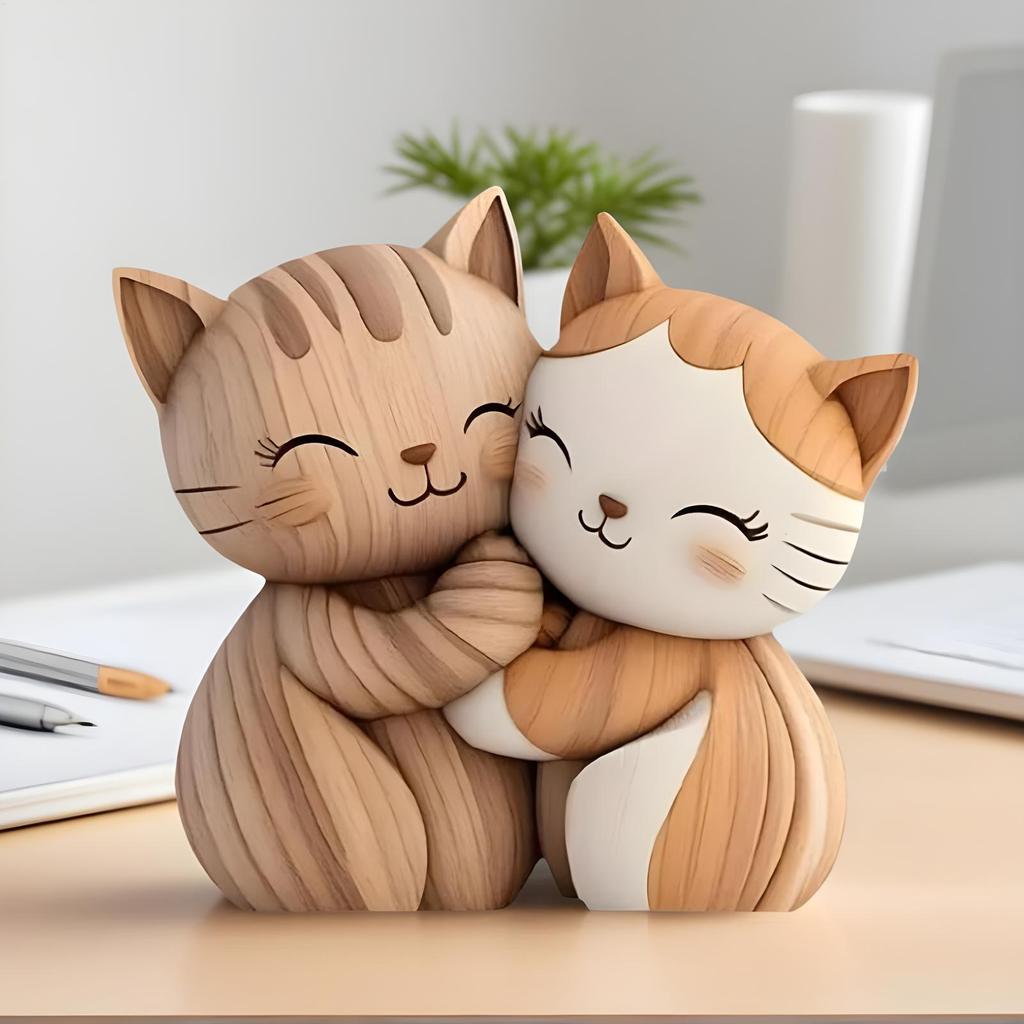 2D Flat Cat Wooden Dog Couple Sculpture Enthusiast Gift Light and Dark Wood Grain Desktop Entrance Desk Accessories