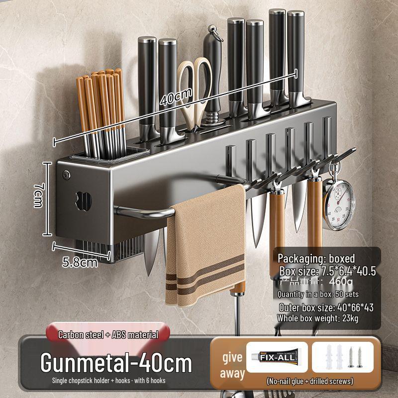 Suport de perete fără găuri pentru cuțite și ustensile cu suport pentru bețișoare