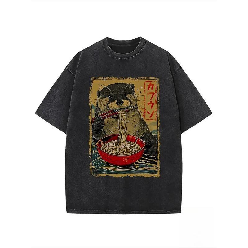 

Ramen Animal Print, Vintage Street Style, Loose Round Neck Short Sleeve, All-Season Casual Top, Holiday Gift Choice, Casual Wear| Vintage Pattern S чёрный