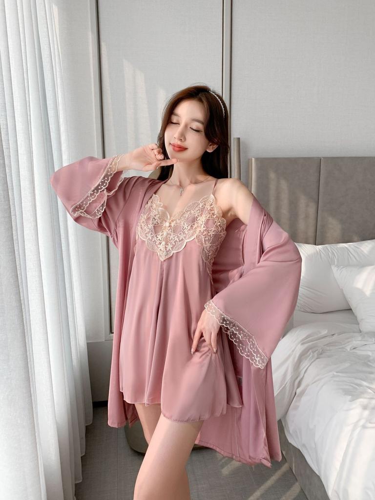 Sexy pajamas women's ice silk thin summer with chest pad lace suspender nightdress two-piece loungewear available