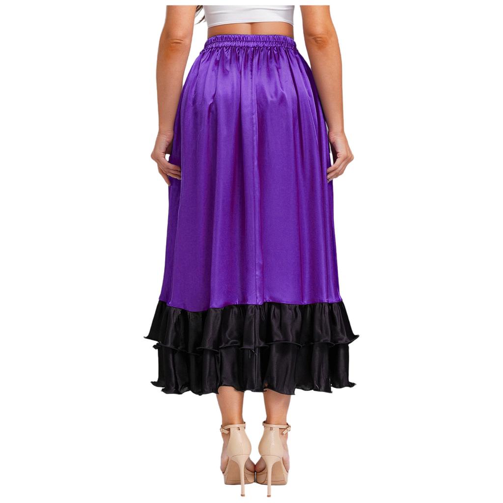 Ladies Spanish Dance Skirt Flamenco Style Ruffled Trim Irregular Hem Satin Elastic Waist Big Swing Skirt