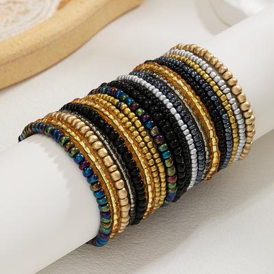 20 Piece Bohemian Style Dazzling Colorful Rice Bead Bracelet with Multiple Layers of Elastic Thread for Women's Bracelets