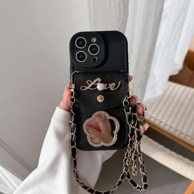 Carteira Crossbody com Espelho Porta-Cartões Capa de Couro para Celular para IPhone 16 Pro Max 15 14 Plus 13 12 11 XS XR X 7 8 Capa Protetora