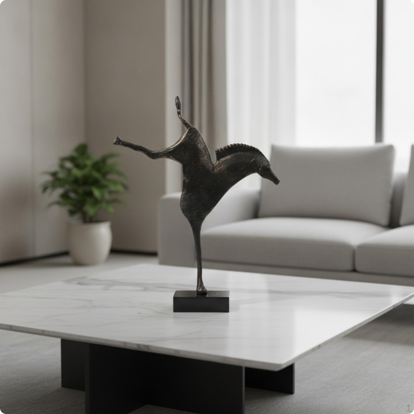 Horse Figurine with Marble Base Abstract Modern Ornament for Homeowners, Art Black Bronze Leaping Horse