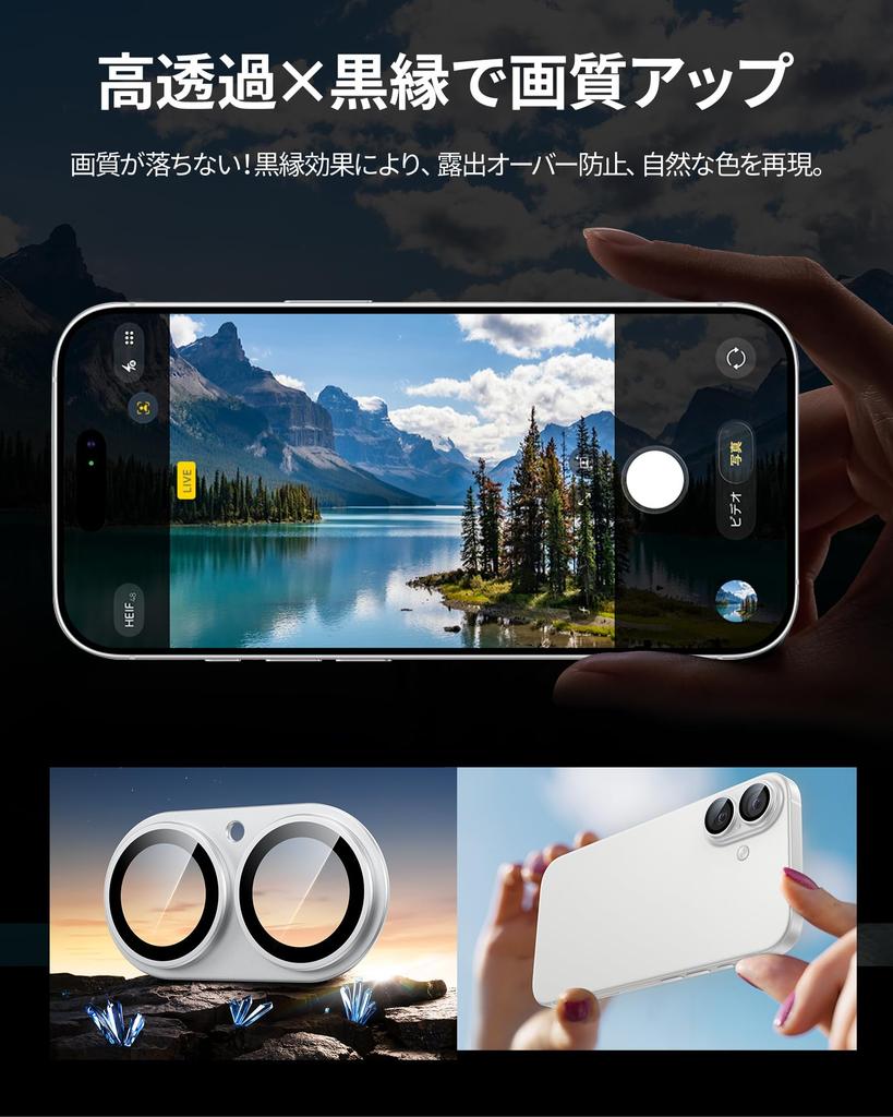 NIMASO Camera Cover for iPhone 16 Plus Camera Protection Aluminum Alloy 9H Tempered Full Lens Black Silver 17/iPhone 16/iPhone - Film, + Glass,