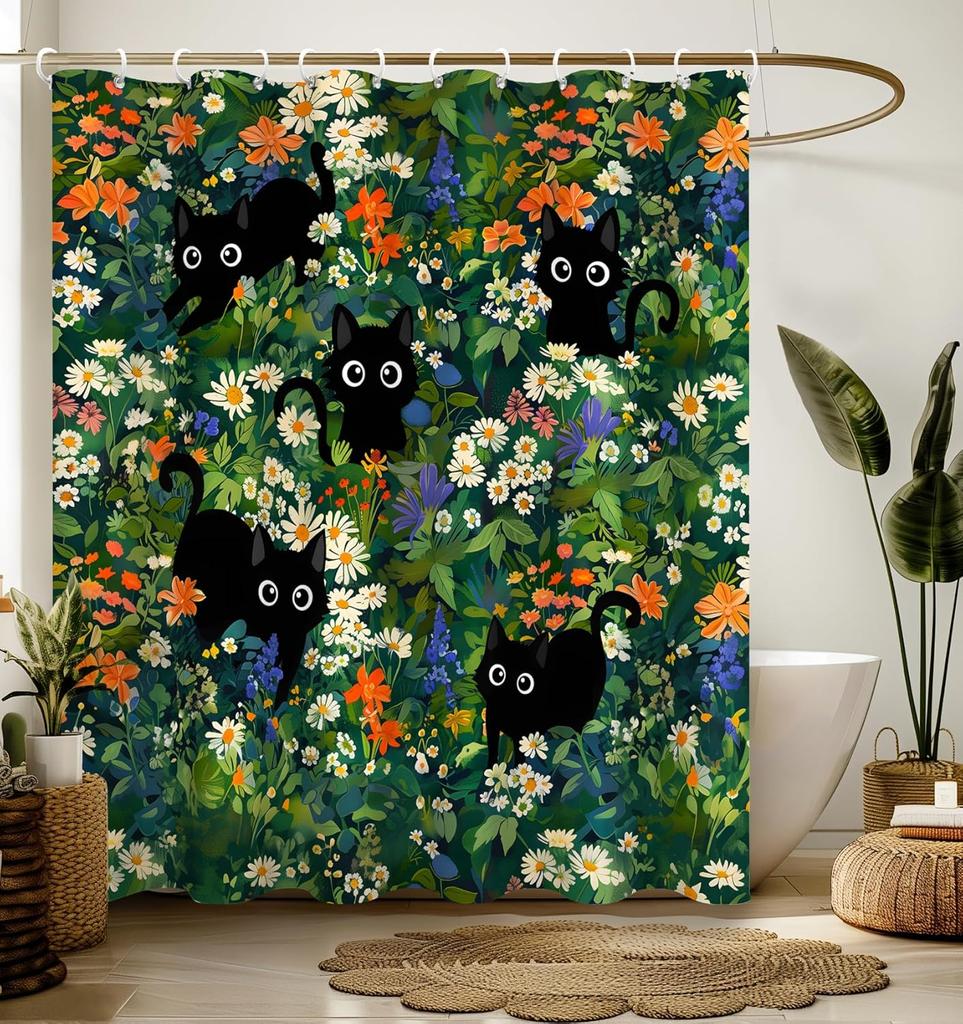 Shower Curtain for Bathroom Stall Boho Modern Cute Aesthetic Decorative Girly Waterproof Unique Cats Flowers Girls Chic Print