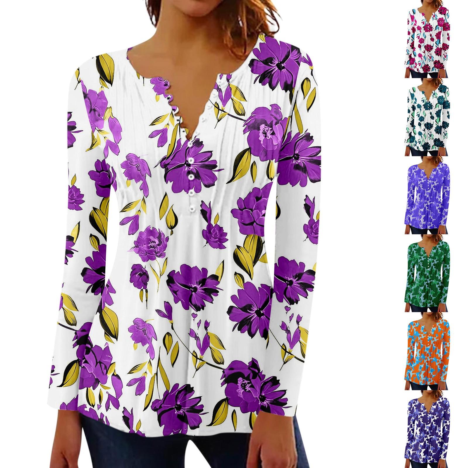 

Women s Pleated Button Retro Floral Print Top M фіолетовий