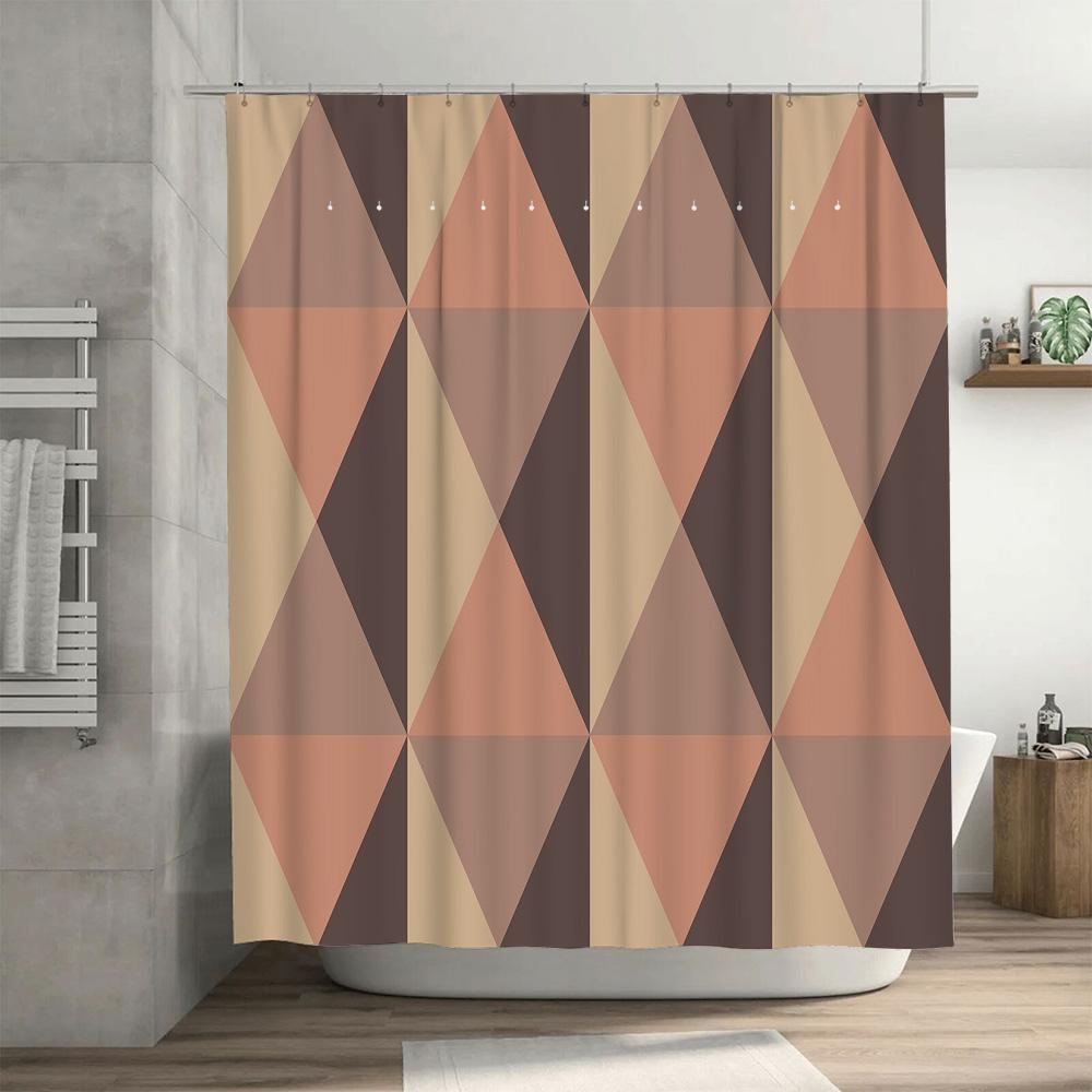 Modern Geometric Shower Curtain Bathroom Decor Pink Beige Brown Color Block Design Waterproof Fabric Shower Caddy