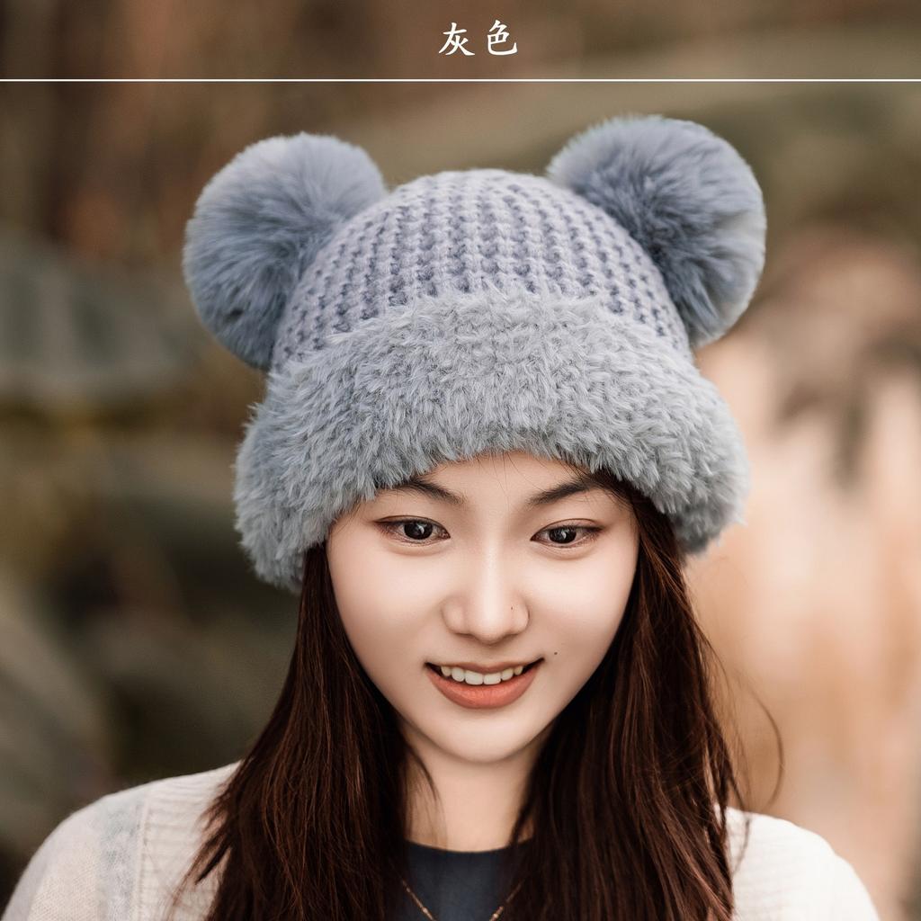 Plush Hat Female Winter Cute Bear Ears Striped Contrasting Color New Sweet Contrasting Color Knitted Wool Hat