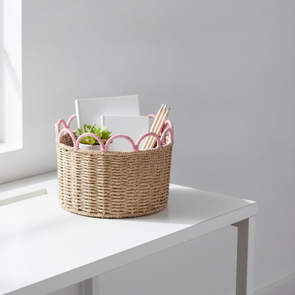 Basket with Raised Pink Rope Arch Border Handmade for Bedroom