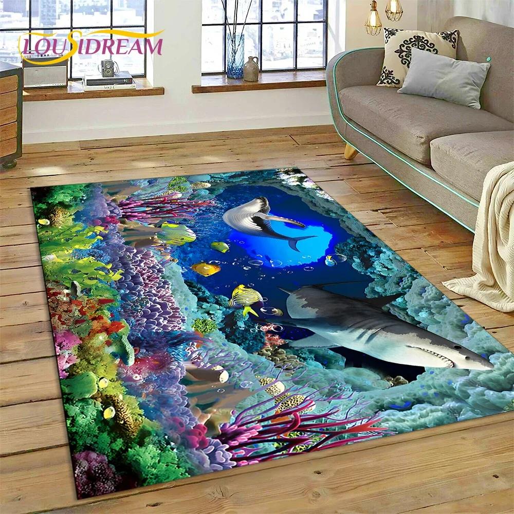 Tappeto Tappeto Decorazione Tappetino per Pavimento Decorazione Cartoon Mondo Sottomarino Illusion 3D Fondo Marino Squalo Delfino per Camera da Letto Soggiorno Divano, Decorazione Bambino