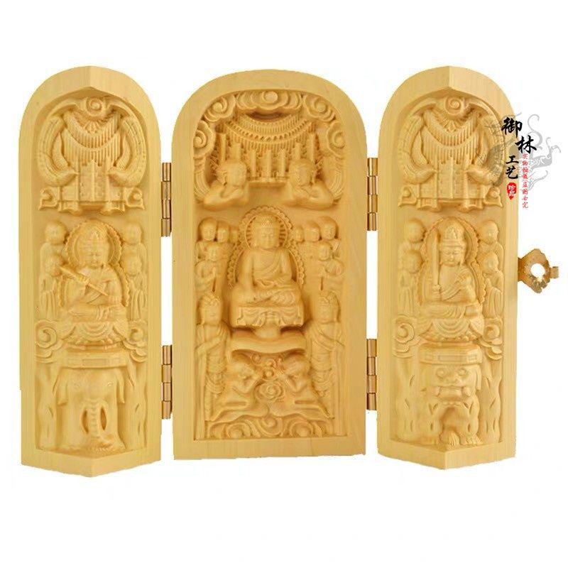 Boxwood Western Tři svatí Buddha Guanyin Masivní dřevo Přenosná třípanelová řezbovaná ozdoba