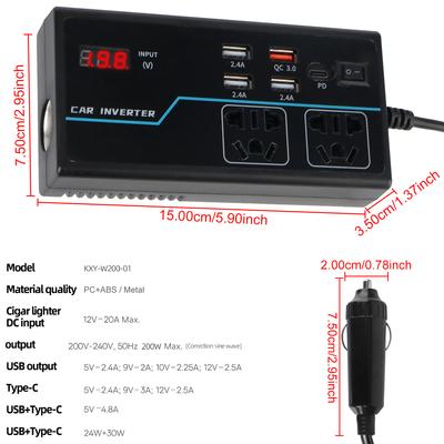 G9 Inverter DC 12V 24V To AC 110V 220V Power Socket With Switch PD USB Chargers Ports AC Socket Cigar Lighter Car Inverter 200W
