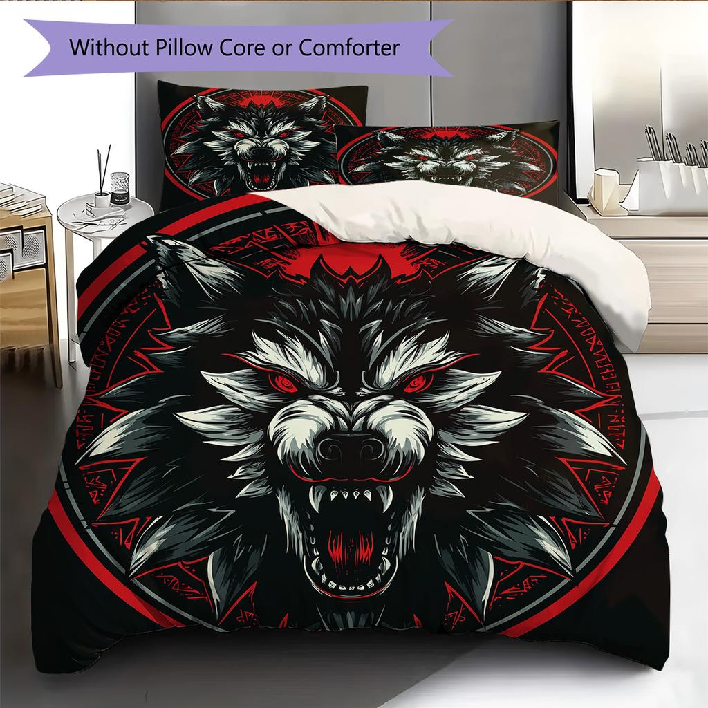 Red-Eyed Wolf  Pattern Bedding Quilt Set Quilt Cover Pillowcase Home Decoration  Gift (1 * Duvet Cover + 2 * Pillowcase, Without Core)