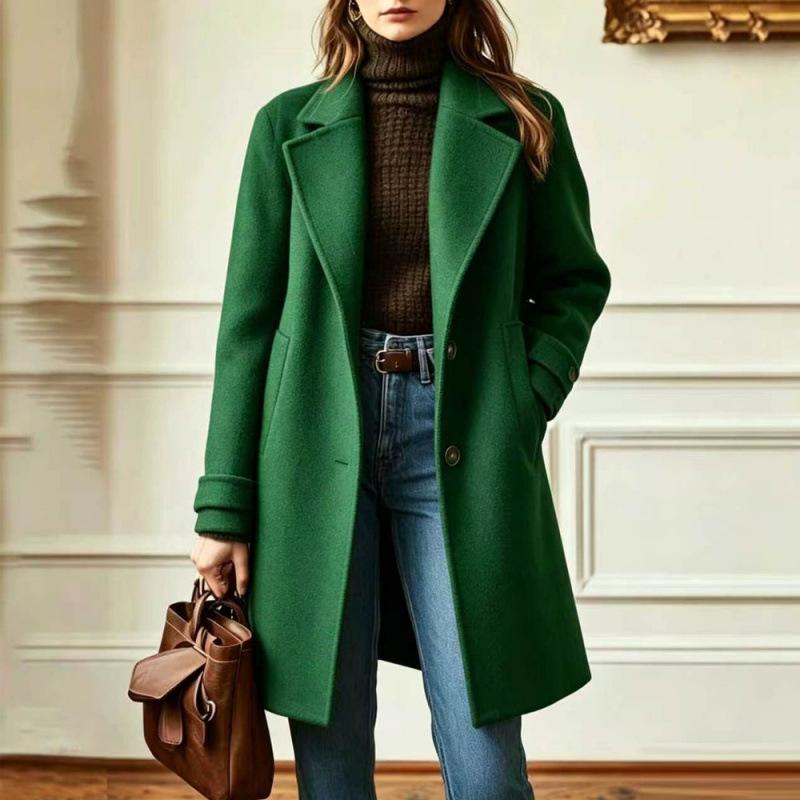 Women's Retro Casual Mid-Length Wool Coat with Lapel Collar for Winter Everyday Wear